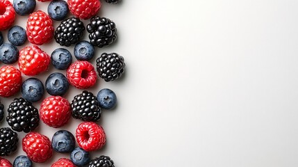 Fototapete - Isolated on white background a cluster of mixed berries including raspberries blueberries and blackberries arranged loosely with side empty space for text Stockphoto style
