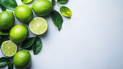 Fototapete - Isolated on white background a simple arrangement of green limes paired with lime wedges showcasing their bright interiors with side empty space for text Stockphoto style