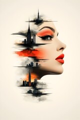 Wall Mural - Retro Pop Art Woman with Larger Than Life Presence Fluid Brushstrokes and Vivid Color Palette Collaged with Retrofuturistic City Skyline