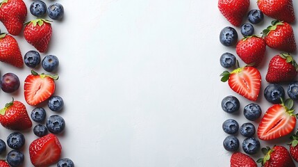 Fototapete - Isolated on white background a neat display of fresh strawberries and blueberries spread across naturally with side empty space for text Stockphoto style