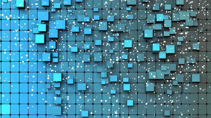 Poster - Floating blue cubes, various sizes, create a three dimensional effect above a grid background