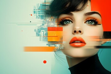 Poster - Captivating Retro Pop Art Woman with Bold Graphic Design and Vaporwave Aesthetics   Airbrushed Textures Futuristic Cityscape and Vibrant Colors Create a Striking and Mesmerizing Digital Artwork