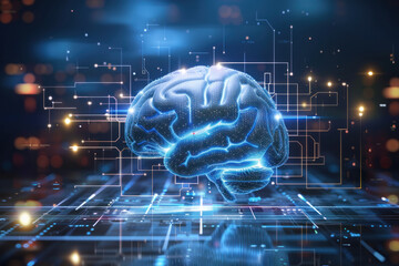Poster - A three-dimensional brain, glowing a vibrant blue, hovers over an abstract representation of a complex computer network, a concept for artificial intelligence