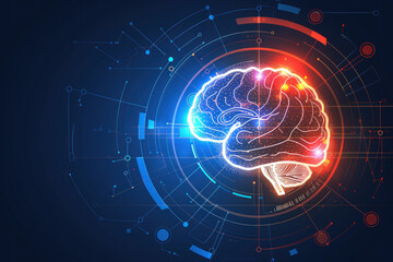 Poster - A stylized brain illuminated by bright red and blue lights is contained within a complex electronic structure, a concept for artificial intelligence