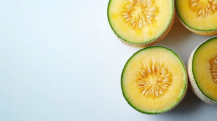 Fototapete - Isolated on white background a minimalist presentation of fresh green and yellow melons with one halved showing the seeded interior with side empty space for text Stockphoto style