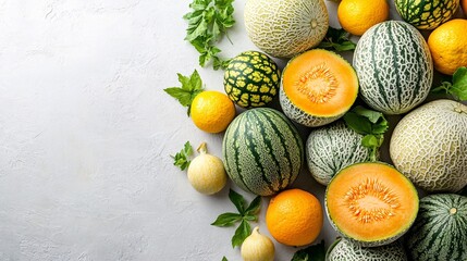 Fototapete - Isolated on white background a minimalist presentation of fresh green and yellow melons with one halved showing the seeded interior with side empty space for text Stockphoto style