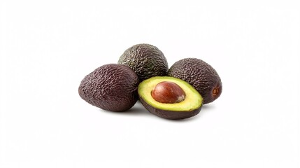 Fototapete - Isolated on white background a halved avocado showcasing its creamy interior and seed next to a whole avocado with side empty space for text Stockphoto style