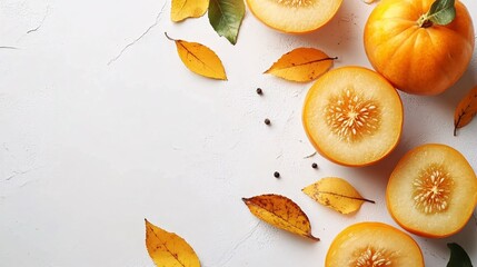 Wall Mural - Isolated on white background a bright orange persimmon some sliced to reveal their vibrant flesh with side empty space for text Stockphoto style