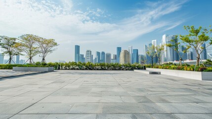 Wall Mural - Empty square floor with city skyline background, Cityscape harmony, harmonious cityscape vista