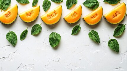 Fototapete - Isolated on white background a minimalist display of fresh yellow cantaloupe slices paired with green mint leaves with side empty space for text Stockphoto style