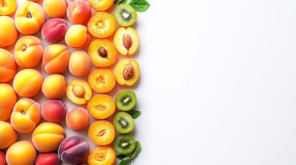 Wall Mural - Isolated on white background a variety of fresh stone fruits including apricots nectarines and peaches arranged in a colorful composition with side empty space for text Stockphoto style