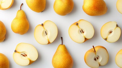 Fototapete - Isolated on white background a delicate arrangement of whole and sliced pears with their smooth skins and juicy flesh visible with side empty space for text Stockphoto style