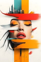 Poster - Retro Pop Art Woman with a Larger than Life Presence Fluid Brushstrokes and Vivid Collage like Elements Against a Retrofuturistic City Skyline