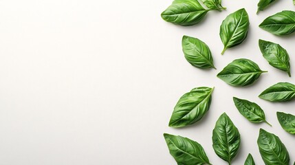 Fototapete - Isolated on white background fresh basil leaves arranged in a fan-like pattern with vibrant green color and side empty space for text Stockphoto style