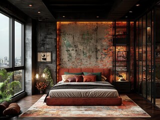 Poster - Transforming comfort industrial loft bedroom design urban space interior decor modern aesthetic exposed brick concept
