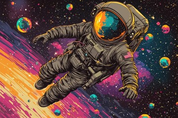 Poster - astronaut riding cosmic wave through multicolored space bubbles in a vibrant universe