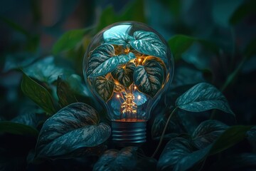 Poster - Illuminated nature closeup of a plant inside a light bulb home environment abstract viewpoint eco-conscious concept