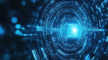 Poster - Futuristic Blue Digital Abstract Background with Geometric Patterns, Circular Designs, and Light Effects in a High-Tech Environment