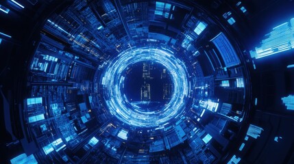 Aufkleber - Futuristic Abstract Technology Design with Circular Pattern of Bright Blue Lights and Data Streams Creating a High-Tech Digital Environment in a Sci-Fi Style