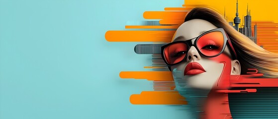 Poster - Vibrant kinetic pop art portrait of an exaggerated expressive retro inspired woman with bold makeup and sunglasses set against a futuristic