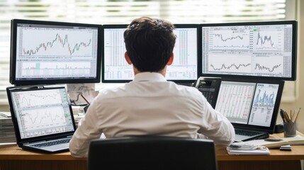 Poster - Person Analyzing Stock Market Data at Multiple Monitors with Charts, Graphs, and Financial Trends for Trading, Investing, and Economic Insights in Modern Office Setting