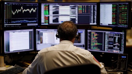 Poster - Professional Trader Monitoring Market Trends with Multiple Screens Displaying Stock Charts and Data in a Modern Financial Trading Environment