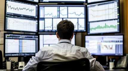 Poster - Professional trader analyzing stock market data with multiple computer screens displaying graphs and charts in a modern financial office environment