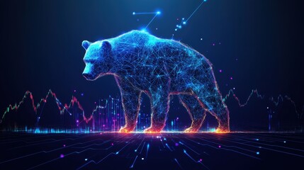Poster - Digital Representation of a Bear in Abstract Lines and Lights, Symbolizing Strength and Data Analysis in a Futuristic Cyber Environment