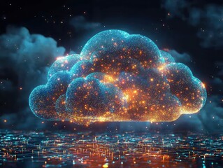 Poster - Exploring a futuristic cloud computing concept with abstract data visualizations in a digital environment for enhanced connectivity