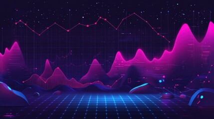 Poster - Abstract Digital Landscape with Neon Peaks and Data Visualization Elements for Technology and Finance Themes in a Futuristic Setting