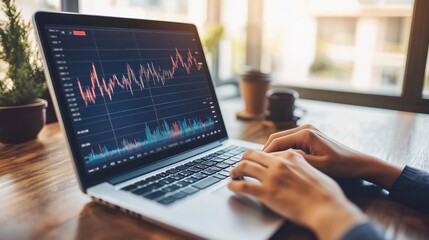 Poster - Close-Up of Hands Typing on Laptop with Financial Charts on Screen, Showcasing Data Analysis, Stock Market Trends, and Modern Work Environment