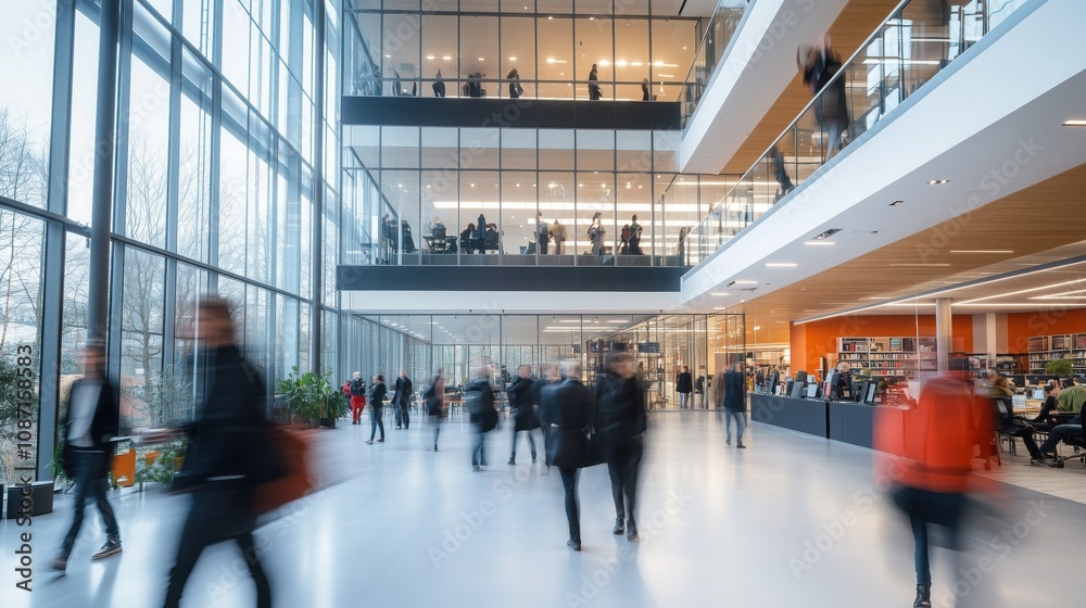 Modern university or public library with large windows, balconies, and a book lending desk is bustling with students and researchers