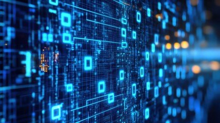 Poster - Futuristic Digital Data Stream with Glowing Blue Lines and Binary Code Representing Technology, Connectivity, and Cybersecurity in a High-Tech Environment