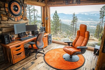 Poster - Transform your workday home office setup with stunning mountain view modern design serene environment focus on productivity