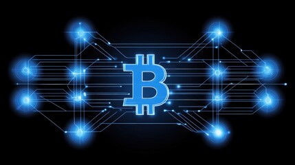 Poster - Futuristic Cryptocurrency Concept Featuring Bitcoin Logo Surrounded by Digital Connections and Data Streams in a Glowing Blue and Black Environment