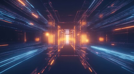 Poster - Futuristic Abstract Digital Corridor with Streaming Lights and Bright Glowing Particles Representing a High-Tech Journey through Space and Time