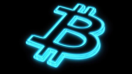 Poster - Illuminated Bitcoin Symbol Rendered in Neon Blue Against a Dark Background, Representing Cryptocurrency and Digital Finance Concepts for Modern Technology Themes