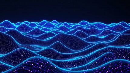 Fototapete - Dynamic blue wave patterns digital landscape abstract art virtual environment aerial view data visualization