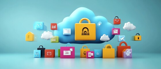 Poster - Digital cloud storage concept with floating icons, including file, lock, and cloud symbols, representing secure data storage and management