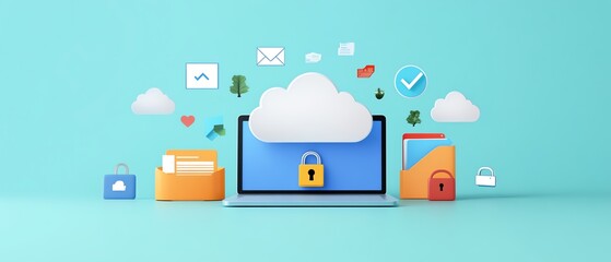 Poster - Digital cloud storage concept with floating icons, including file, lock, and cloud symbols, representing secure data storage and management