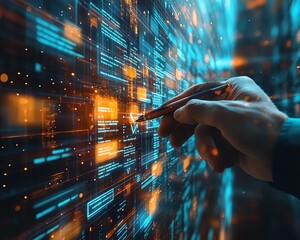 Poster - Digital document management system hologram, man using a pen to touch a check mark, files and data floating in a hightech environment