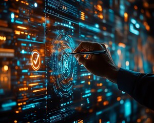 Poster - Digital document management system hologram, man using a pen to touch a check mark, files and data floating in a hightech environment