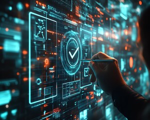Poster - Digital document management system hologram, man using a pen to touch a check mark, files and data floating in a hightech environment