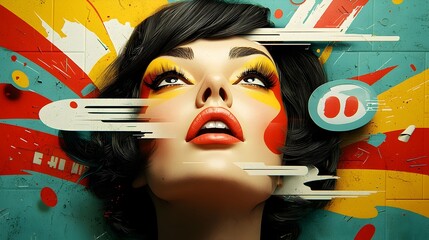 Wall Mural - Retro Pop Art Inspired Interpretation of a Captivating and Emotive Female Portrait with Animated Features Vivid Color Scheme and Expressive Brushwork in a Dystopian Urban Environment