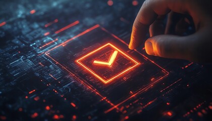 Digital interface with a person interacting, glowing checkbox highlighted, dark background, symbolizing project approval and quality control