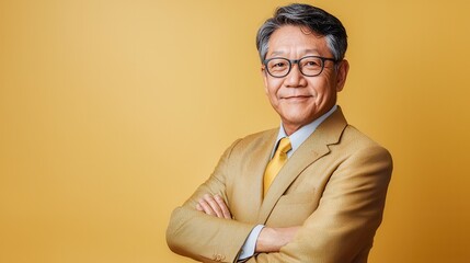 Poster - Professional business portrait of asian executive in yellow background for corporate branding