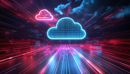 Poster - Futuristic cloud storage interface with digital icons representing files, security, and data access, glowing against a sleek background