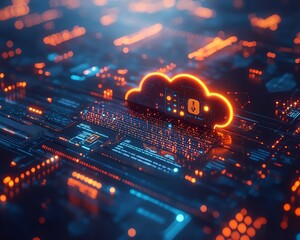 Poster - Futuristic cloud storage concept with glowing digital icons, data file management and cloud security on a sleek, digital background