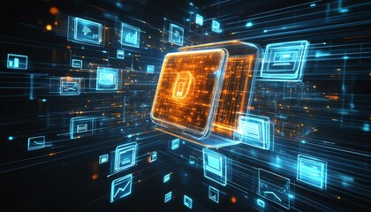 Poster - Futuristic cloud storage interface with digital icons representing files, security, and data access, glowing against a sleek background