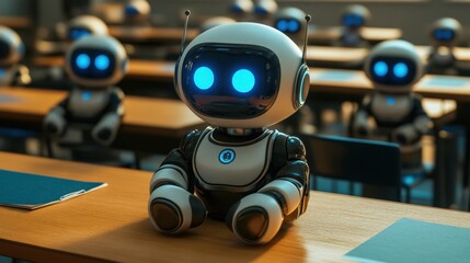 Poster - Classroom of the Future: Interactive Robots Engaged in Learning, Showcasing Advanced AI Technology in an Educational Environment with Modern Design Elements